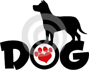 Dog Black Silhouette Over Text With Red Love Paw Print