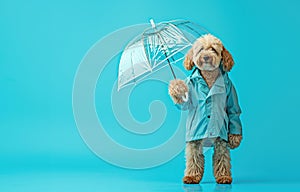 Dog in blue raincoat in full body standing under open transparent umbrella, rainy season concept.