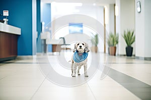 dog with a blue scarf pacing in an empty corporate lobby