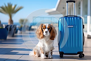 Dog with Blue travel suitcase ready for vacation. King Charles spaniel carry animal. Summer Trip with Little Dog