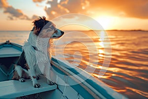 Dog on a boat near the beach. Small dog in a wooden boat on the lake. Generative AI