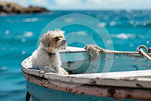 Dog on a boat near the beach. Small dog in a wooden boat on the lake. Generative AI