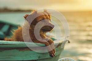 Dog on a boat near the beach. Small dog in a wooden boat on the lake. Generative AI