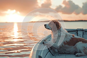 Dog on a boat near the beach. Small dog in a wooden boat on the lake. Generative AI