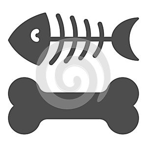 Dog bone and fish skeleton solid icon. Animal food vector illustration isolated on white. Pet food glyph style design