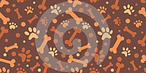 Dog Bone vector dog paw doodle Seamless pattern isolated dark brown wallpaper background