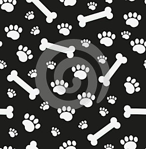 Dog bones seamless pattern. Bone and traces of puppy paws repetitive texture. Doggy endless background. Vector