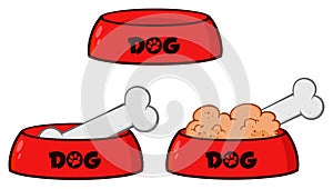 Dog Bowl With Animal Food And Bone Drawing Simple Design Set 1. Collection
