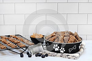 Dog bowl and cooling rack full of blueberry, oat and peanut butter dog biscuits