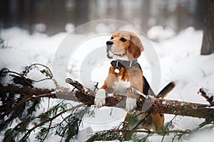 Dog breed Beagle walking in winter, portrait