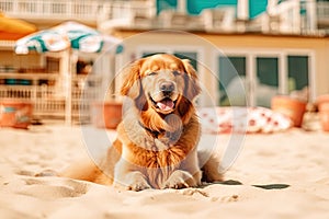 Dog breed golden retriever resting on the beach. A summer holiday concept. Generative AI