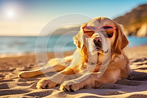 Dog breed golden retriever resting on the beach. A summer holiday concept. Generative AI