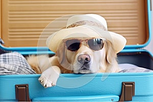 Dog breed golden retriever in a straw hat in a suitcase. Travel concept with dog. Generative AI