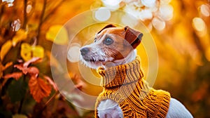 Dog breed Jack Russell Terrier in warm sweater stand against the backdrop of trees in autumn garden