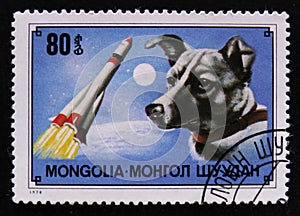 Dog breed Laika 1st dog in space and rocket, circa 1978