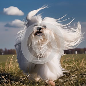 Dog breed Maltese runs across the field, long white wool flutters in the wind,