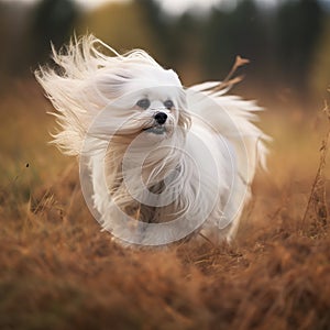 Dog breed Maltese runs across the field, long white wool flutters in the wind,