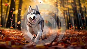 Dog breed Siberian Husky running in the autumn leaves in the park on a sunny day