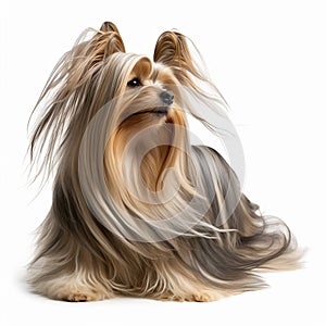 Dog breed yorkshire terrier with very long beautiful coat isolated on white close-up, yorkie gorgeous domestic pet