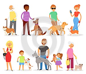 Dog-breeding vector people with pet and woman or man dog-breeder with dog or puppy illustration doggish set of children