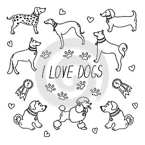 Dog breeds. Set with the inscription I love dogs