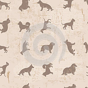 Dog breeds silhouettes vintage shabby seamless pattern