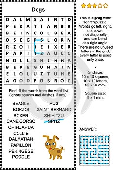 Dog breeds word search puzzle