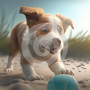 Dog britany summer play activity. Dog britany cute doggy breed playing ball toy