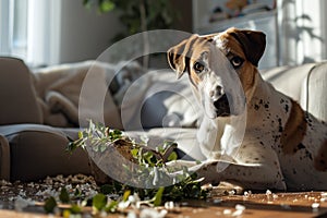 the dog broke a flowerpot with a plant