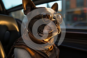 Dog in brown leather jacket and steampunk goggles sitting in a car