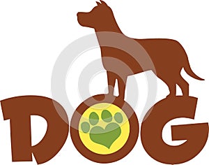 Dog Brown Silhouette Over Text With Green Love Paw Print