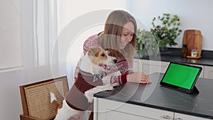 A dog in a brown sweater and a girl are sitting at a table with a tablet and candles. Jack Russell Terrier looks at