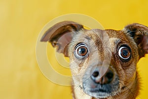 A dog with bulging eyes, looking from below to above. isolated background