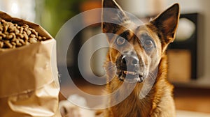 A dog with bulging eyes looks at a large bag of dog food