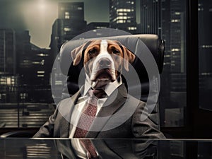 Dog In Business Suit. Canine Executive In Office Chair. Boss Dressed For Business Meeting. Generative AI