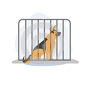 a dog in the cage. Pet shop or pet rescue center, dog help adoption shelter, puppy hotel . Flat vector cartoon illustration