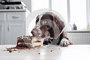 Dog with cake with chocolate on kitchen table