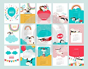 Dog Calendar 2023. Cute decorative calendar in A3 format. Collection with 12 dogs.