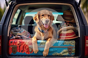 A dog calmly sitting in the back of a pickup truck bed, Golden retriever dog sitting in car trunk ready for a vacation trip, AI