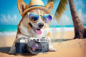 Dog with a camera on the beach. Created with generative Ai technology.