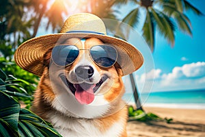 Dog with a camera on the beach. Created with generative Ai technology.