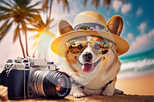 Dog with a camera on the beach. Created with generative Ai technology.