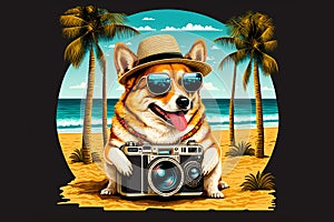 Dog with a camera on the beach. Created with generative Ai technology.