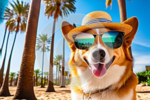 Dog with a camera on the beach. Created with generative Ai technology.