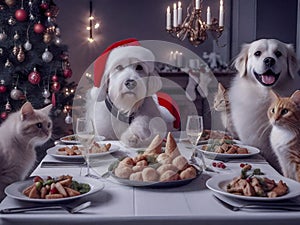 Dog with cap is waiting for christmas presents at the table. AI generated. Illustration.