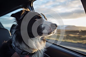 The dog, captivated by the surrounding views from the car, imparts a feeling of quietude and inner contentment