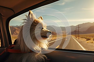 Dog in car with a view to the mountains and road. Road adventure. Traveling with pets and road trip concept