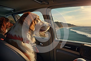 Dog in car with a view to the mountains and sea. Road adventure. Traveling with pets and road trip concept