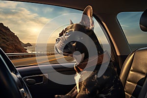 Dog in car with a view to the mountains and sea. Road adventure. Traveling with pets and road trip concept