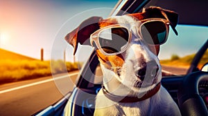 Dog in car wearing sunglasses and collar looking out the window. Generative AI